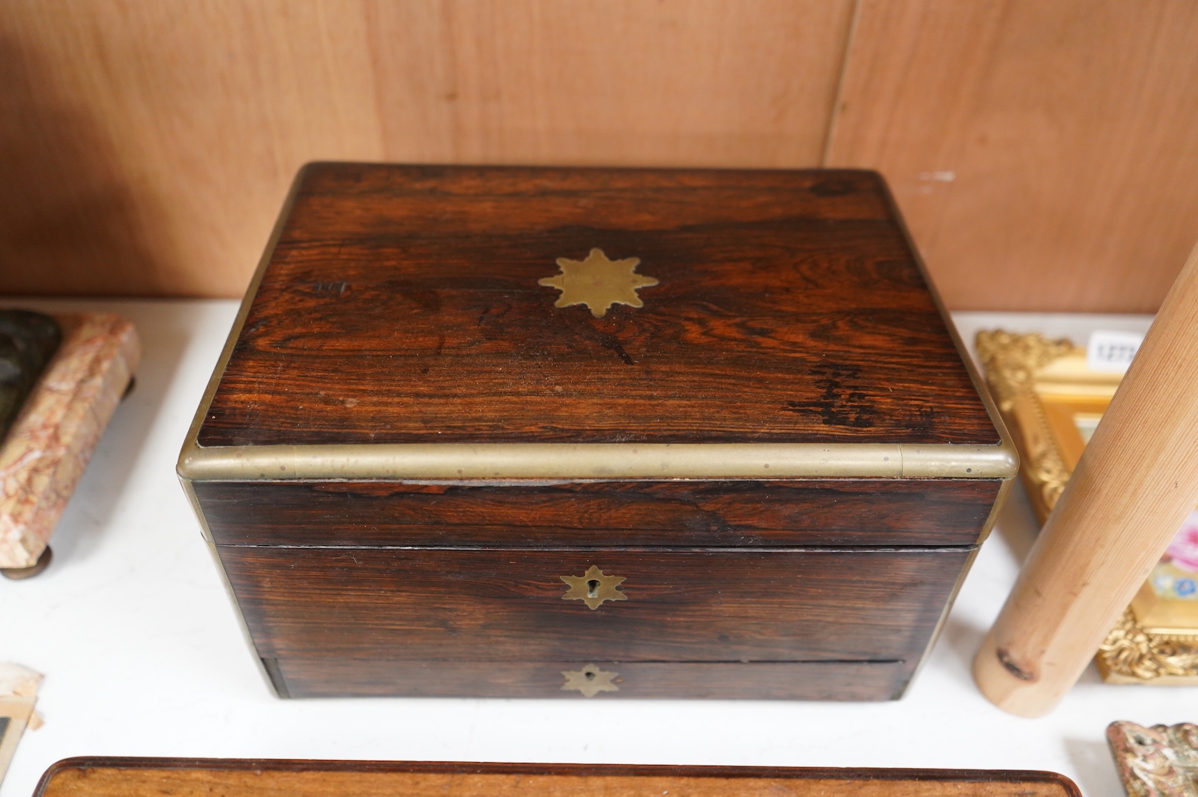 A Victorian brass bound rosewood jewellery box together with a mahogany desk stand with two inkwells, largest 30cm wide
